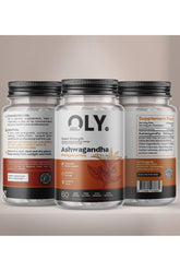 Oly Ashwagandha supplement bottle, 500mg, 60 vcaps, promoting brain health and energy boost.